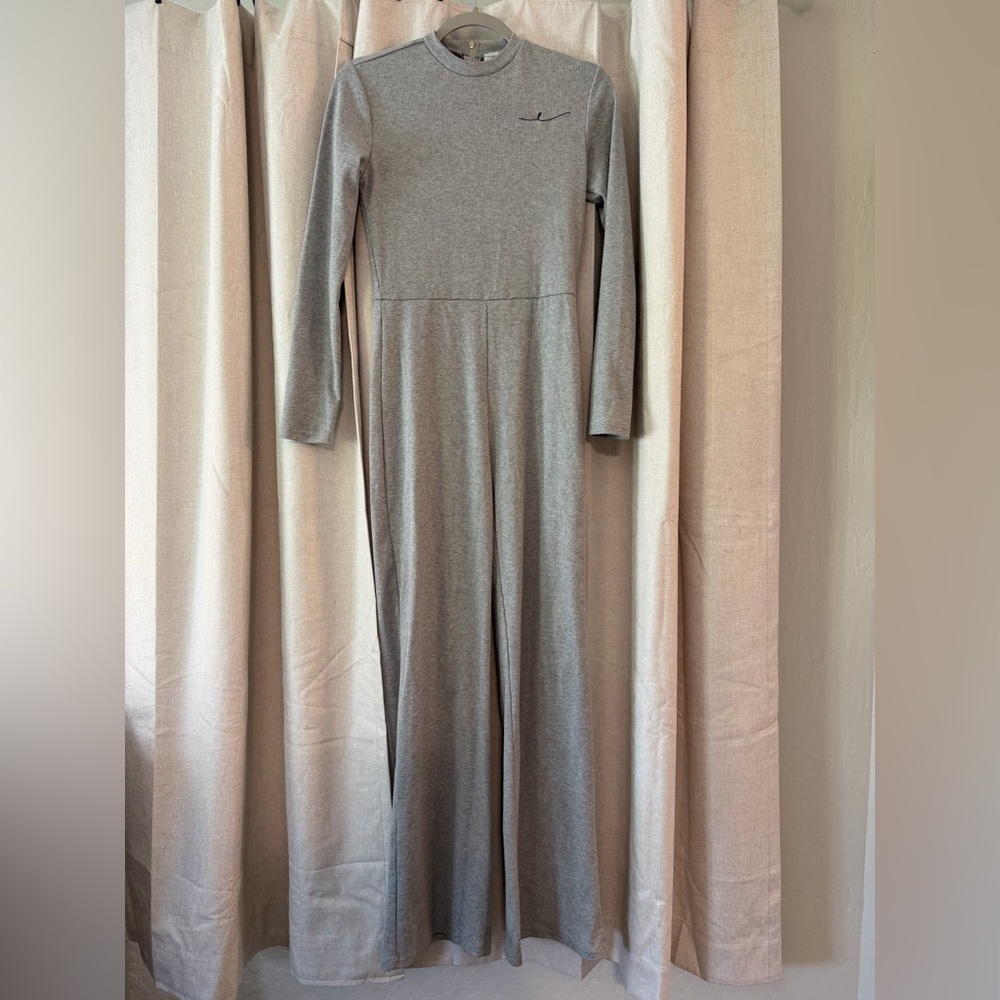 By Egreis Long Sleeve Flare Leg Grey Ribbed Jumpsuit
